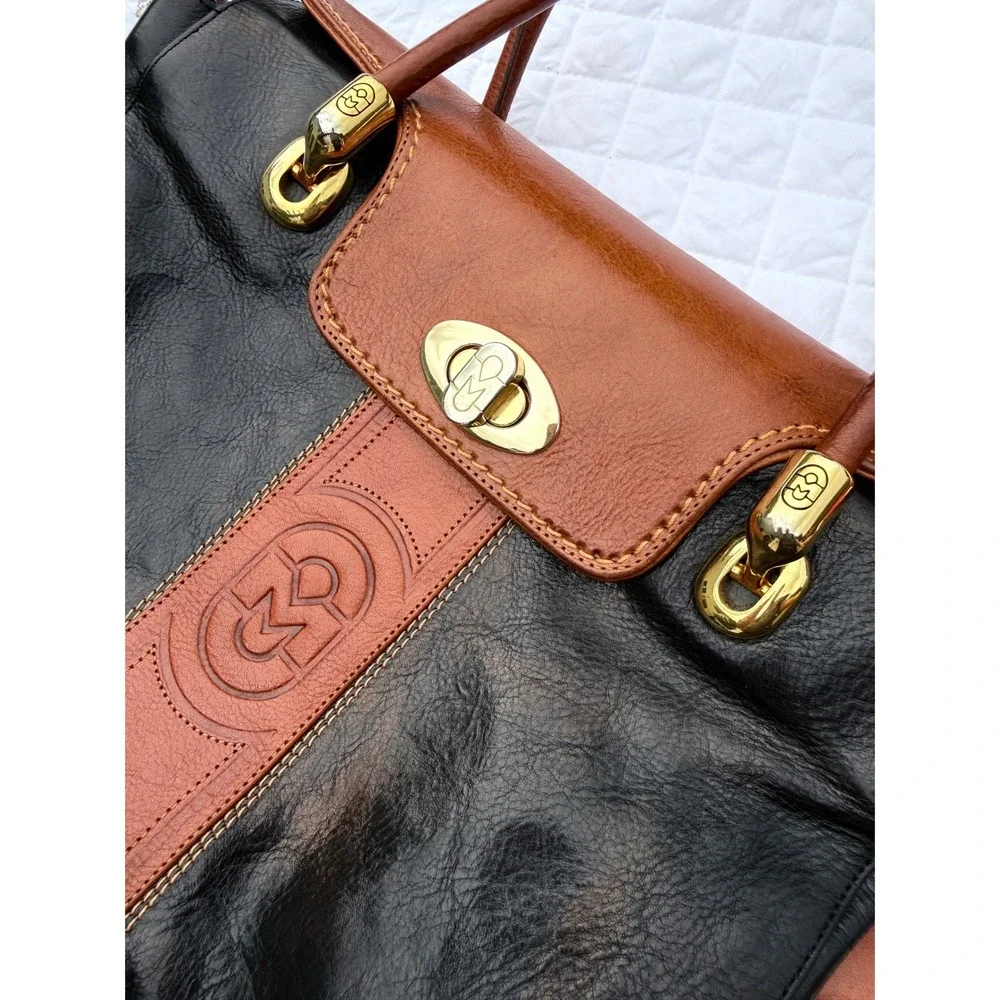 Vintage Marino Orlandi Italian Designer Leather Bag Black Cognac Made in Italy